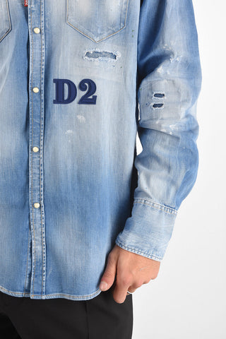 Distressed Denim Classic Collar Shirt with Snap Buttons