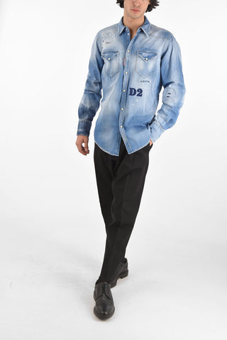 Camicia in Denim Distressed con Collo Italiano e Bottoni Automatici