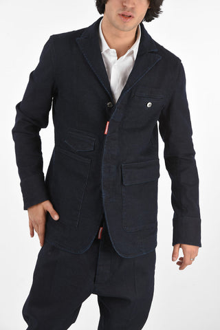 stretch denim side vents peak lapel hidden closure jacket