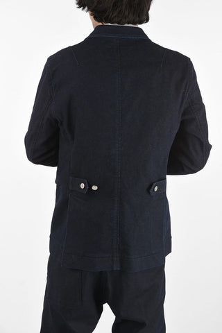stretch denim side vents peak lapel hidden closure jacket