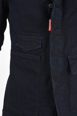 stretch denim side vents peak lapel hidden closure jacket