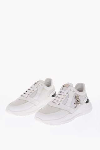 leather and fabric sneakers with skull embroidery