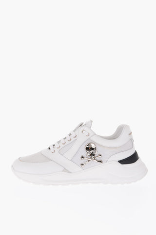 leather and fabric sneakers with skull embroidery