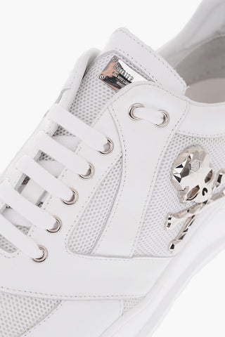 leather and fabric sneakers with skull embroidery