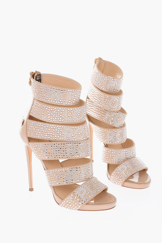 12cm leather rhinestone embellished LOVE ROCK AND ROLL Cut-out heels