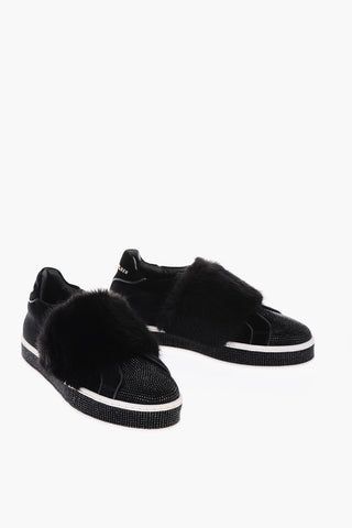 sneakers slip on LUXURY in velluto con strass e pelliccia