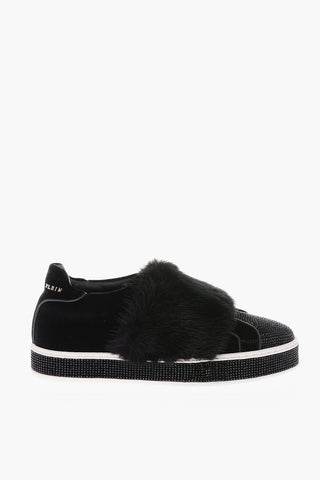 sneakers slip on LUXURY in velluto con strass e pelliccia