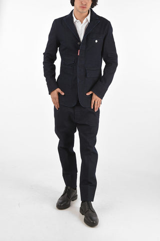 stretch denim side vents peak lapel hidden closure jacket