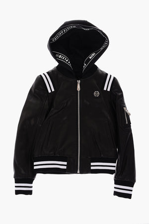 leather bomber with removable hood 