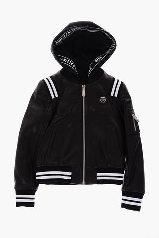 Bomber in pelle con cappuccio removibile