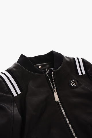 Bomber in pelle con cappuccio removibile