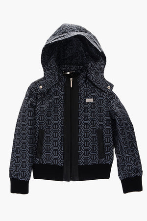 all over logo bomber with removable hood