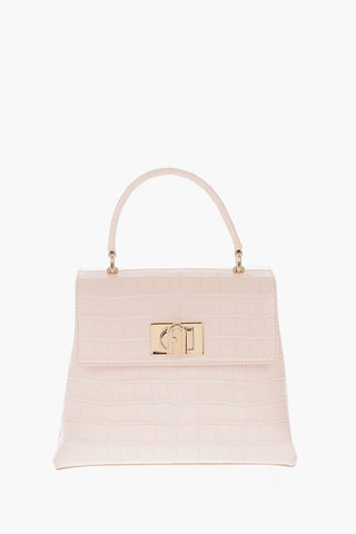 crocodile print leather handbag with removable shoulder strap