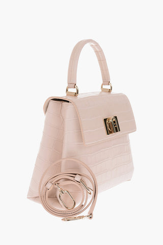 crocodile print leather handbag with removable shoulder strap