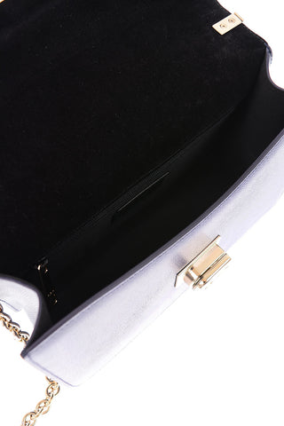 textured leather crossbody bag with chain shoulder strap