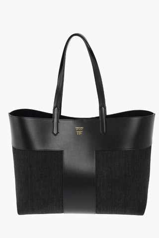 leather and denim details tote bg with double handle