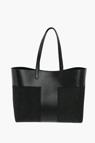 leather and denim details tote bg with double handle