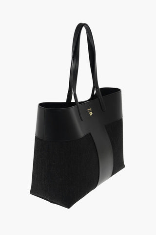 leather and denim details tote bg with double handle