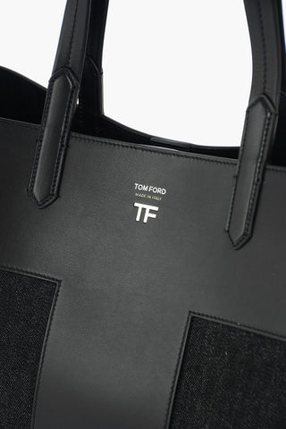 leather and denim details tote bg with double handle