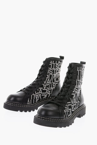 Leather Combat Boots with Logoed Jacquard Insert