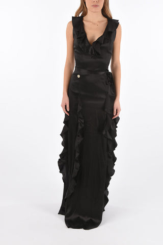 frill satin gown with belt