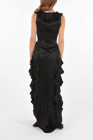 frill satin gown with belt