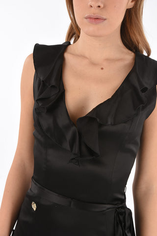 frill satin gown with belt