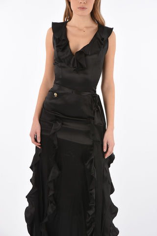 frill satin gown with belt