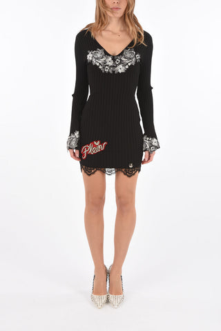 COUTURE ribbed V-neck MAILEEN DRITICH mini bodycon dress with lace details