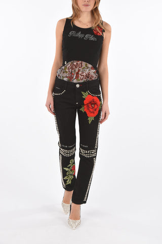 roses embroidered MELROSE ALBERTA CREY jeans with studs