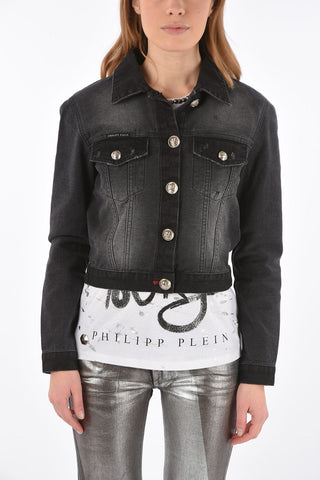 denim CLAUDINE BORN crop jacket with silvery buttons
