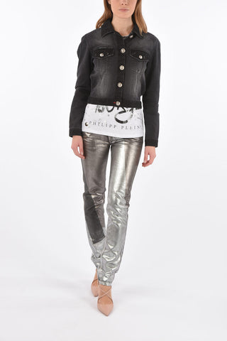 denim CLAUDINE BORN crop jacket with silvery buttons