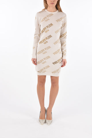 COUTURE knitted and rhinestone embellished WRITTEN PLEINED bodycon dress 