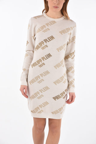 COUTURE knitted and rhinestone embellished WRITTEN PLEINED bodycon dress 