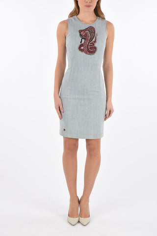 Crystal details denim bodycon dress with split on the back
