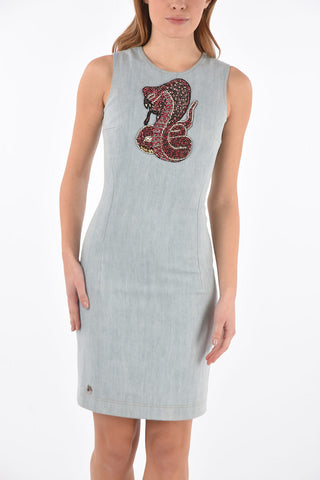 Crystal details denim bodycon dress with split on the back
