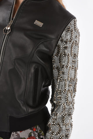 COUTURE Leather and studded sleeve SNAKE WATER bomber