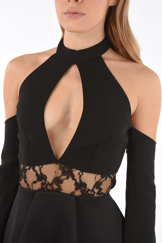 jacquard off-shoulder INES halterneck dress with plunging neckline