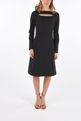 virgin wool maxi pocket front midi dress with cut out detail
