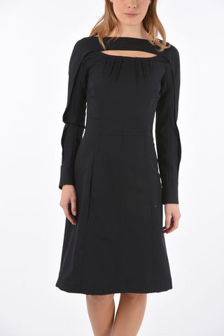 virgin wool maxi pocket front midi dress with cut out detail