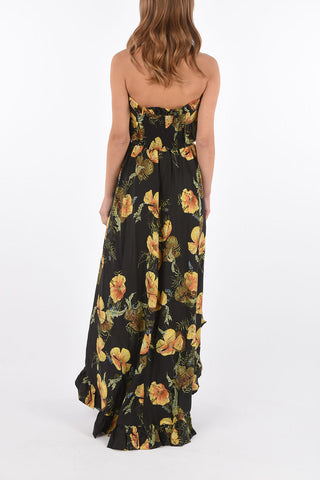 COUTURE vestito asimmetrico maxi APPEAL stampa floreale in seta strapless