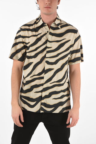 Short-sleeved Tiger Printed Shirt with Hidden Buttoning