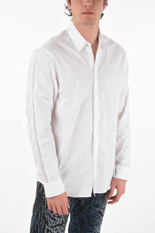 Stretch Cotton Shirt with Hidden Buttoning and Printed Logo
