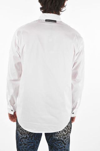 Stretch Cotton Shirt with Hidden Buttoning and Printed Logo