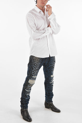 Stretch Cotton Shirt with Hidden Buttoning and Printed Logo