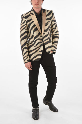 zebra printed center vent peak lapel 1 button blazer