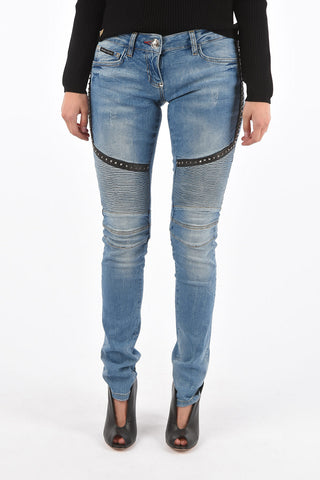 faux leather details LIAR biker jeans