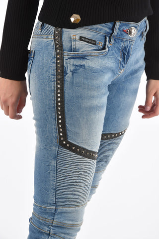 faux leather details LIAR biker jeans