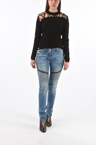 faux leather details LIAR biker jeans