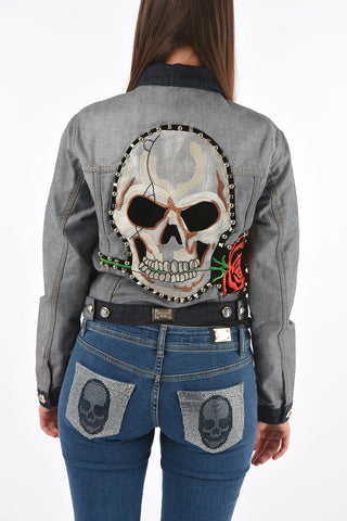 COUTURE denim CLAUDINE BORN jacket with skull embroidery on the back